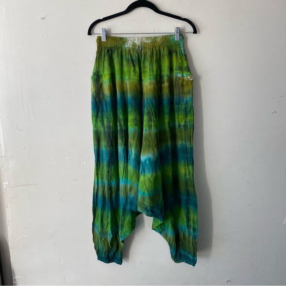 NWT• Made in Nepal Harem Pants Green Tie Dye Boho Festival Cotton Crinkle Genie - Picture 3 of 10